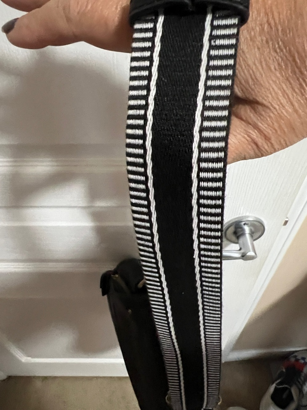 American Leather Co Black Leather Crossbody with Striped Canvas Strap - Picture 13 of 15